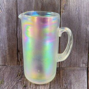 Hand Blown Glass Pitcher Carafe Iridescent Stretched Glass Pitcher Hand Made VTG